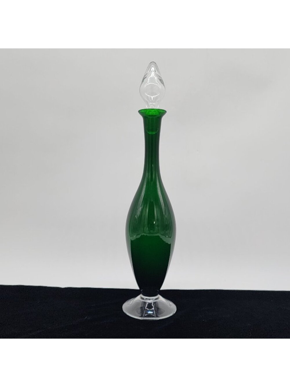 MCM Green Glass Decanter Hourglass Shape Clear Stopper & Base VTG 15"